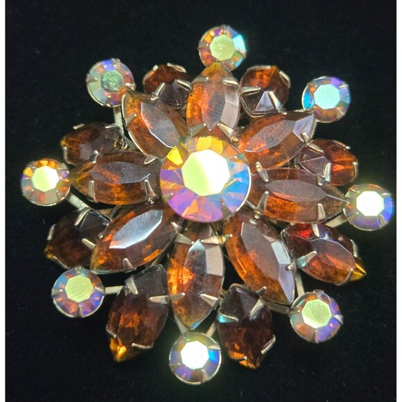 Vintage Amber, Aurora Borealis, Marquis and Round Rhinestone Brooch - Picture 3 of 6